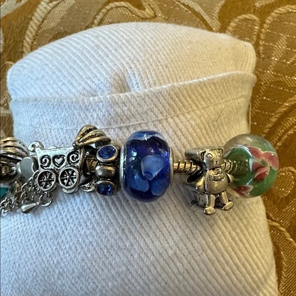 Elegant Silver Pandora Style Charm Bracelet w/ Blue, Green & Baby type Accents - Picture 5 of 5